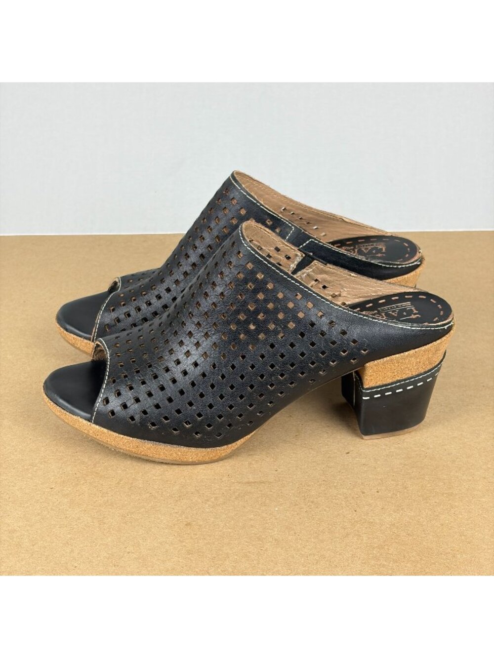 Spring Step L'Artiste Leather Heeled Mules Womens 7.5/8 EU 38 Black Tan Open Toe